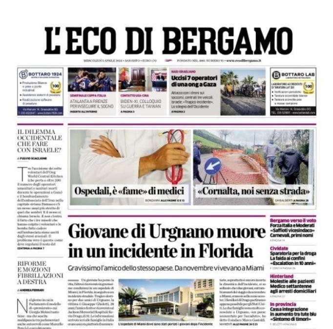 L'Eco di Bergamo apre sulla Coppa Italia: "Atalanta a Firenze per inseguire il sogno"
