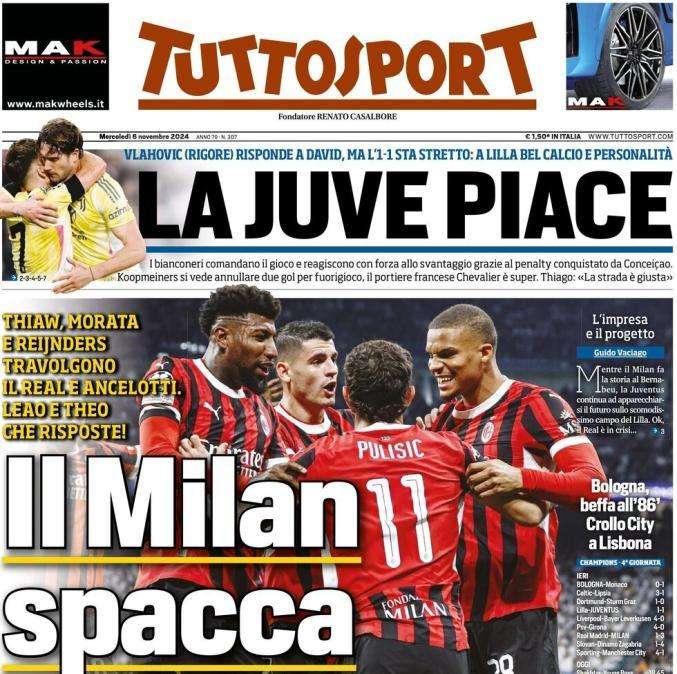 Tuttosport apre: "Il Milan spacca". Rossoneri vittoriosi in casa del Real Madrid