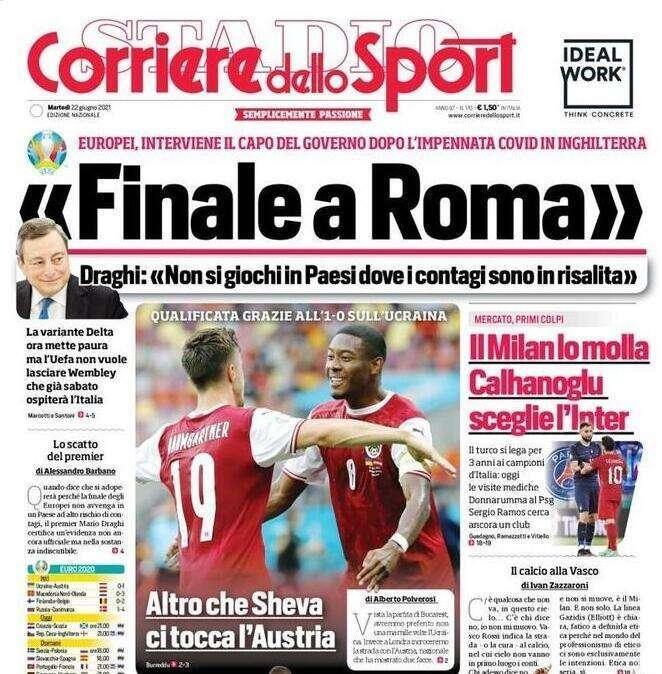 L'apertura del Corriere dello Sport con le parole di Draghi: "Finale a Roma"