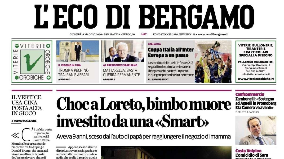 PRIMA PAGINA - L'Eco di Bergamo: "Atalanta: Coppa Italia all'Inter, Europa a un passo"