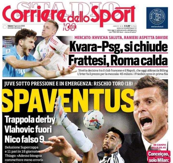Oggi il derby della Mole, l'apertura in prima pagina del Corriere dello Sport: "Spaventus"