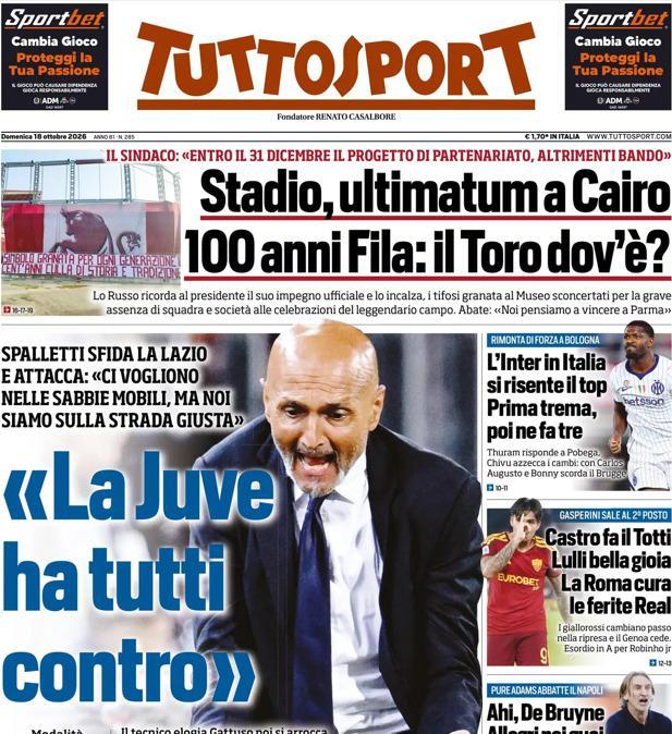 PRIMA PAGINA - Tuttosport:" Stadio, ultimatum a Cairo / 100 anni Fila: il Toro dov’è?"