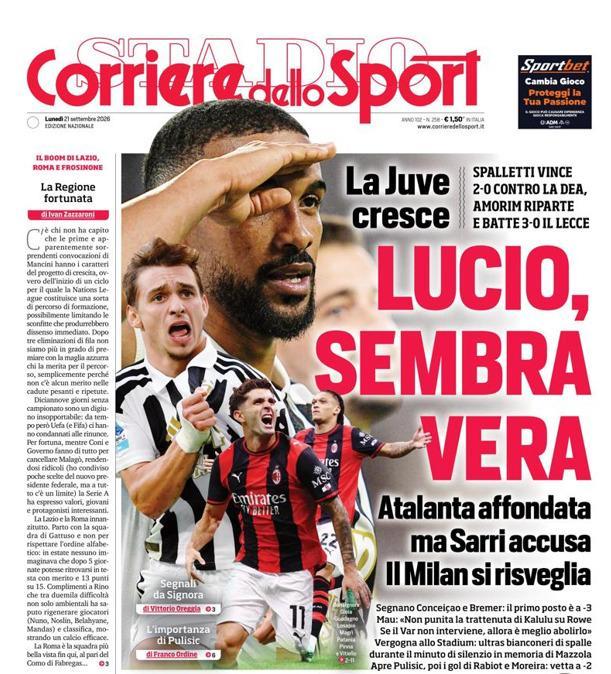PRIMA PAGINA - Corriere dello Sport: "Lucio, sembra vera"