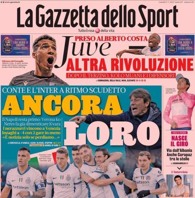 Conte e l'Inter a ritmo Scudetto, La Gazzetta dello Sport in apertura: "Ancora loro"