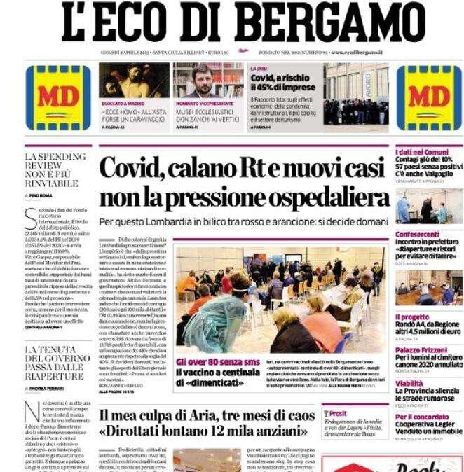 L'apertura de L'Eco di Bergamo: "Covid, calano Rt e nuovi casi non la pressione ospedaliera"