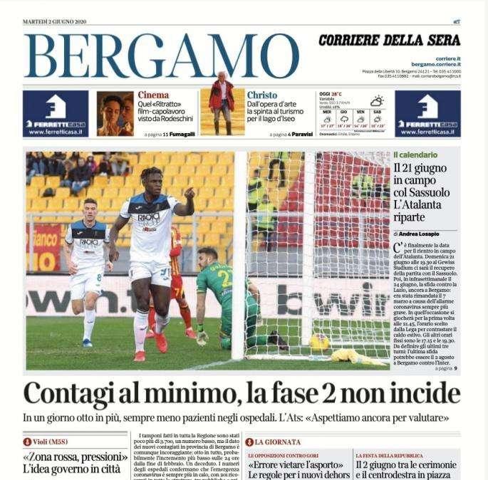 Corriere di Bergamo: "Il 21 giugno in campo col Sassuolo. L’Atalanta riparte"