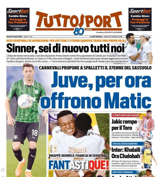 PRIMA PAGINA - Tuttosport: "Juve, per ora offrono Matic"