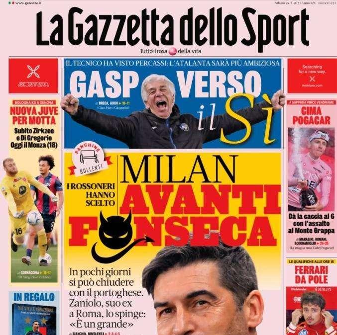La Gazzetta dello Sport in apertura sulla panchina del Milan: "Avanti Fonseca"