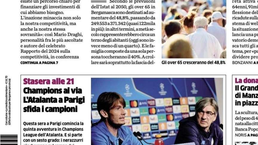 PRIMA PAGINA - L’Eco di Bergamo: "Champions al via. L’Atalanta a Parigi sfida il Psg"