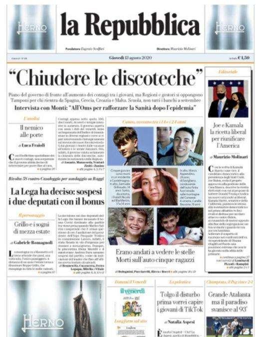 L'apertura de La Repubblica: "Chiudere le discoteche"