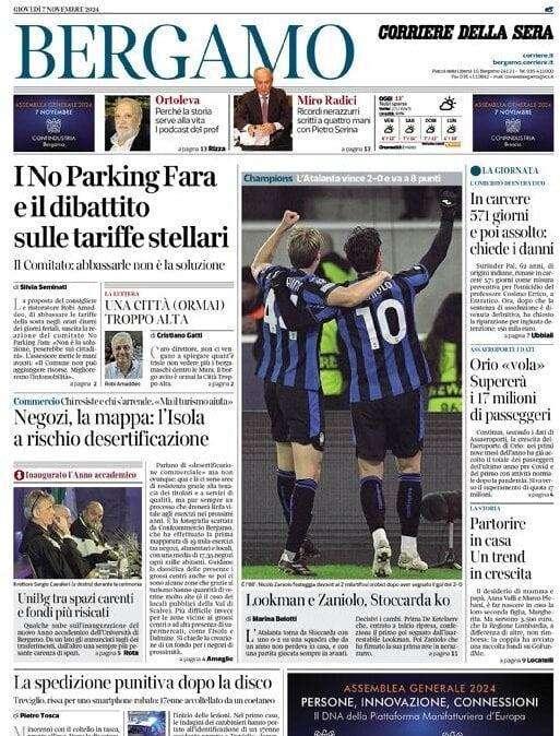Corriere della Sera (Bergamo) celebra l'Atalanta: "Lookman-Zaniolo, Stoccarda ko"