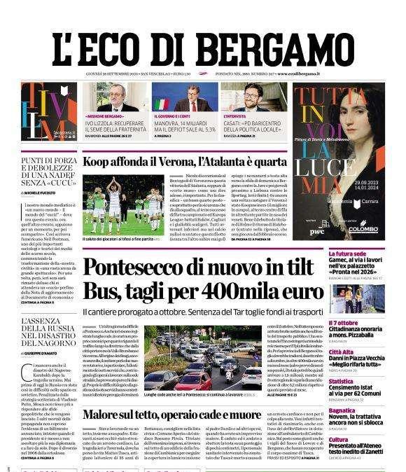 PRIMA PAGINA - L'Eco di Bergamo: "Koop affonda il Verona, l’Atalanta è quarta"
