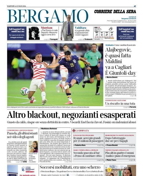 PRIMA PAGINA - Corriere di Bergamo: "Alajbegovic, è quasi fatta Maldini va a Cagliari È Giuntoli-day"
