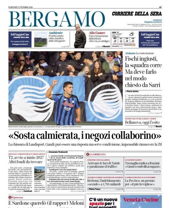 PRIMA PAGINA - Corriere di Bergamo: "Fischi ingiusti, la squadra corre Ma deve farlo nel modo chiesto da Sarri"