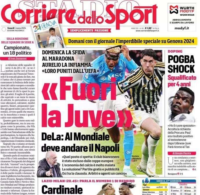L'apertura del Corriere dello Sport con l'attacco di De Laurentiis: "Fuori la Juve dal Mondiale"