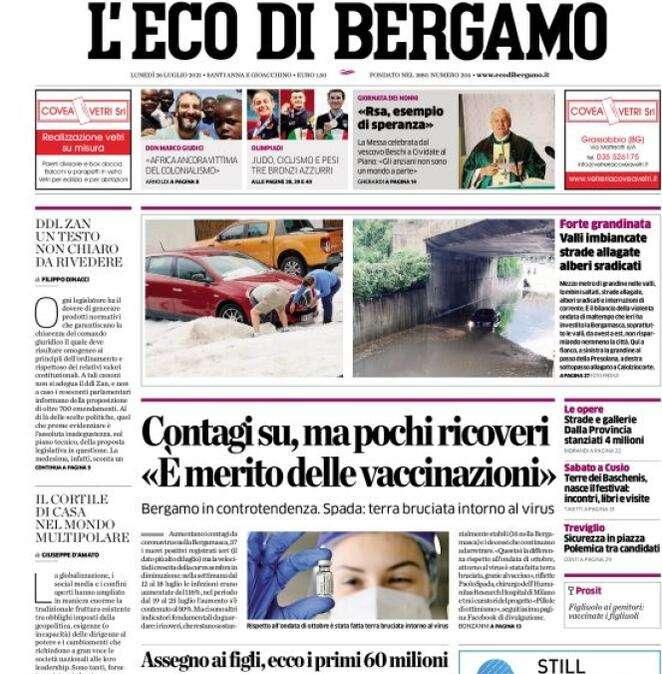L'apertura de L'Eco di Bergamo: "Forte grandinata,Valli imbiancate strade allagate alberi sradicati"