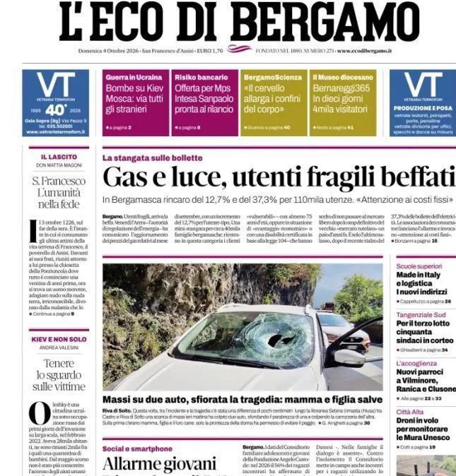 PRIMA PAGINA - L'Eco di Bergamo: "Gas e luce, utenti fragili beffati"