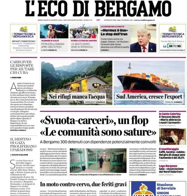 PRIMA PAGINA - L'Eco di Bergamo: "Atalanta, guai fisici per Cdk e Sulemana - La coperta è corta"