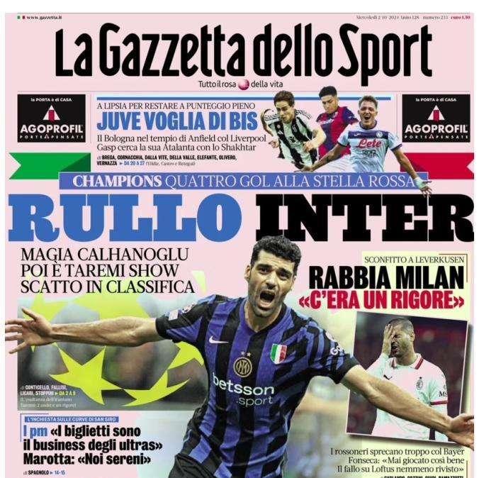 L'apertura de La Gazzetta dello Sport: "Rullo Inter"