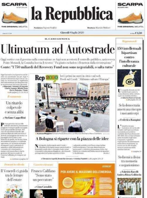 L'apertura de La Repubblica: "Ultimatum ad Autostrade"