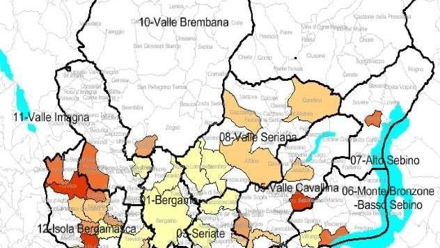 Gli incrementi dei nuovi casi, comune per comune, negli ultimi 7gg nella Bergamasca. 193 Comuni con zero casi 