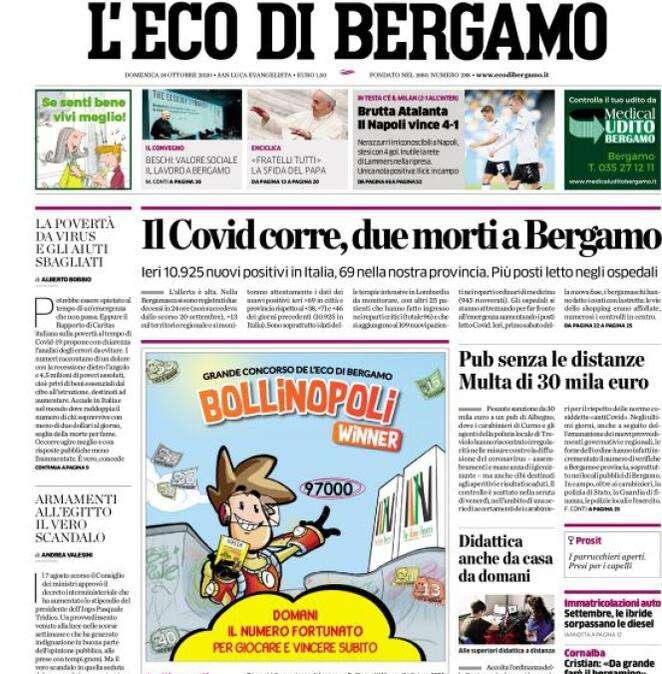 L'Eco di Bergamo: "Il Covid corre, due morti a Bergamo"