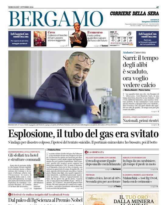 PRIMA PAGINA - Corriere di Bergamo: "Sarri: il tempo degli alibi è scaduto, ora voglio vedere calcio"