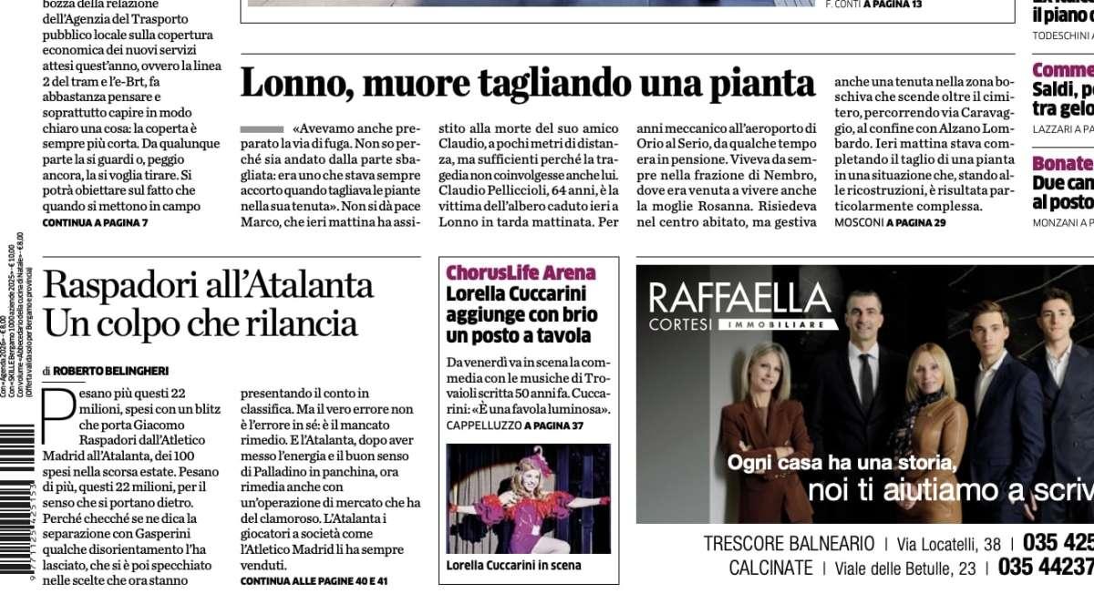 PRIMA PAGINA - L'Eco di Bergamo: "Raspadori all'Atalanta, un colpo che rilancia"