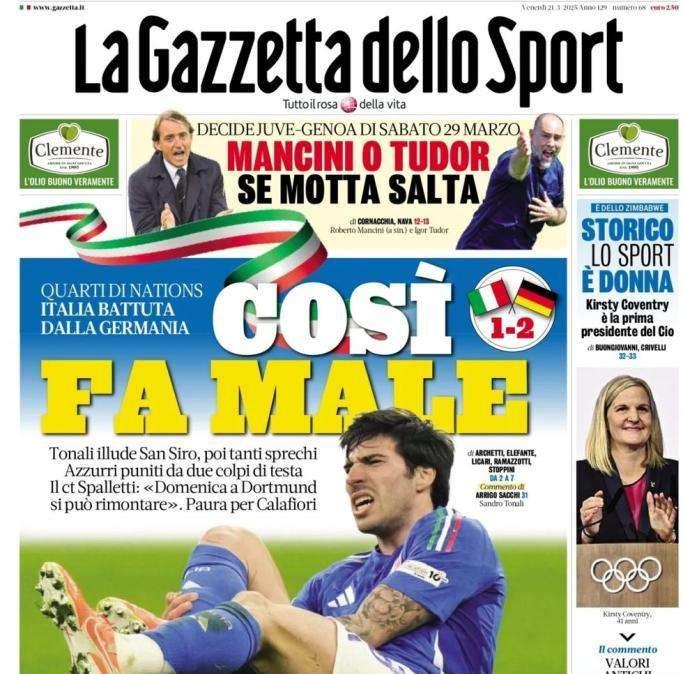 Italia battuta in Nations League dalla Germania. La Gazzetta dello Sport: "Così fa male"