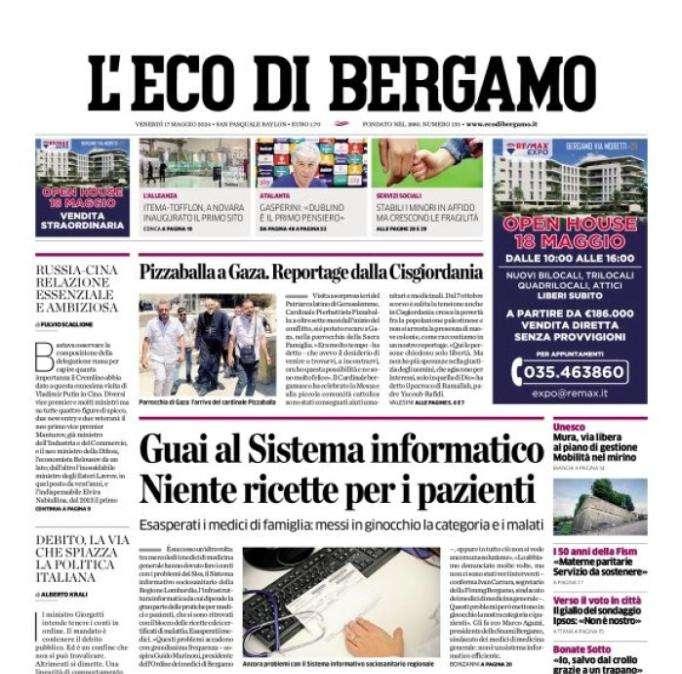 L'Eco di Bergamo apre con le parole di Gasperini: "Dublino è il primo pensiero"