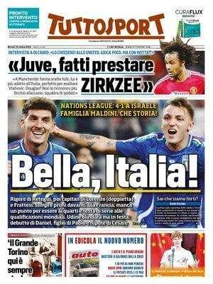 Nations League, poker azzurro contro Israele. Tuttosport titola: "Bella, Italia!"