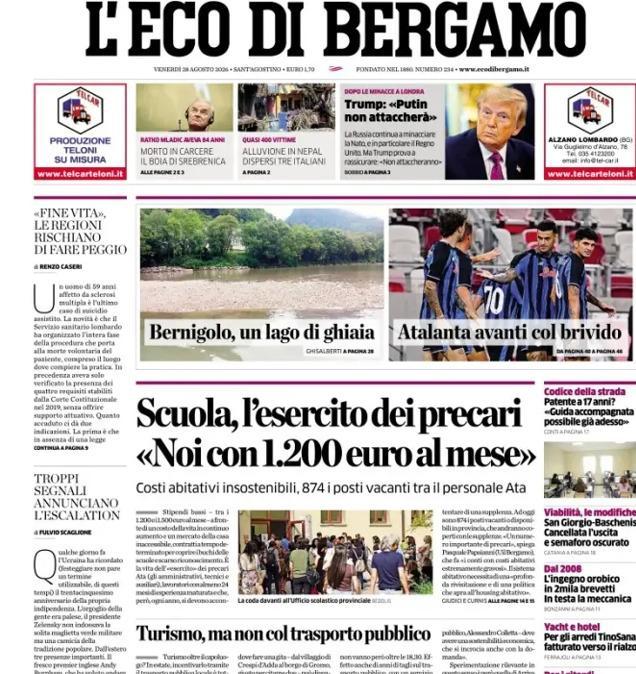 PRIMA PAGINA - L'Eco di Bergamo: "Atalanta avanti col brivido"