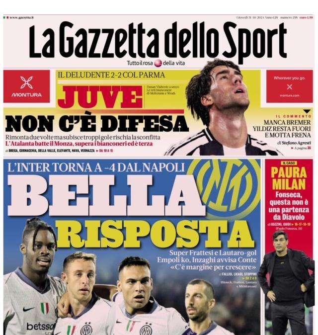L'apertura de La Gazzetta dello Sport sulla vittoria dell'Inter: "Bella risposta