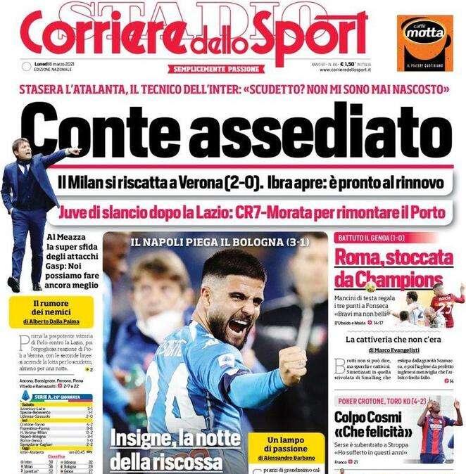Corriere dello Sport in apertura: "Conte assediato, stasera l'Atalanta"