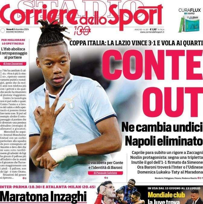 La prima pagina del Corriere dello Sport oggi sulla Coppa Italia: "Conte out"