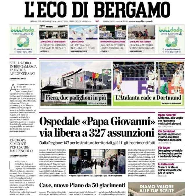 PRIMA PAGINA - L'Eco di Bergamo: "L'Atalanta cade a Dortmund"