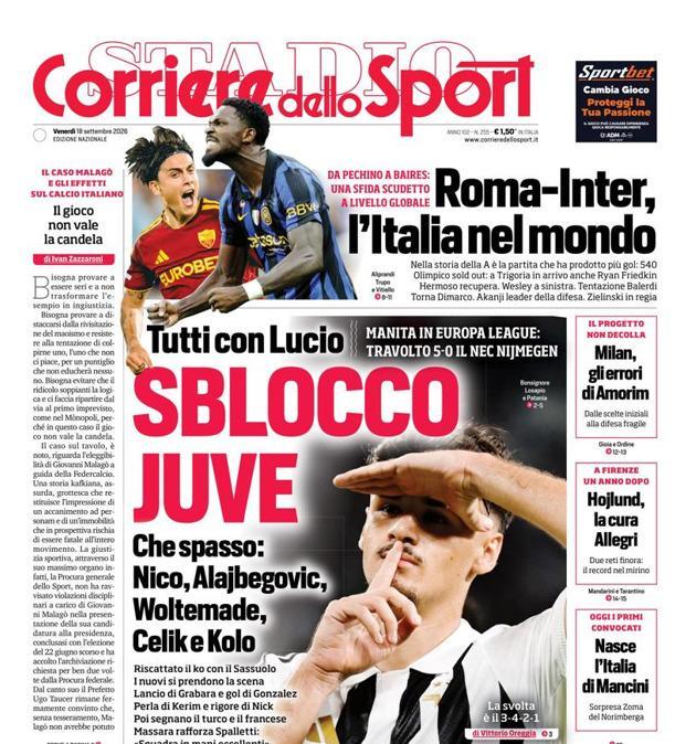 PRIMA PAGINA - Corriere dello Sport: "Sblocco Juve"