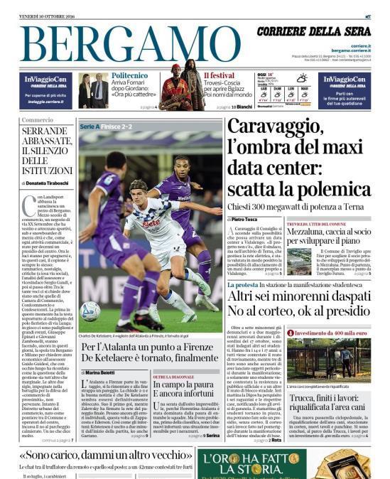 PRIMA PAGINA - Corriere di Bergamo: "Per l'Atalanta un punto a Firenze. De Ketelaere è tornato, finalmente"