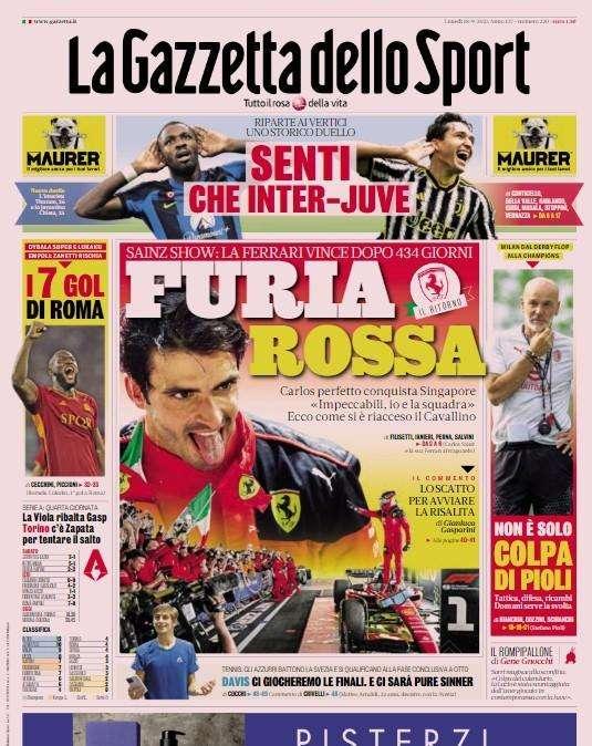 La Gazzetta dello Sport titola: "Senti che Inter-Juve. Milan, non è solo colpa di Pioli"