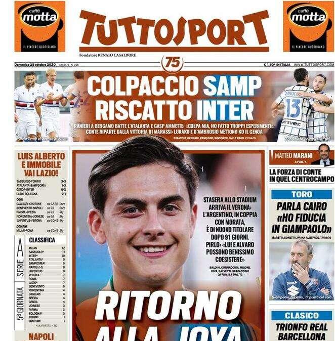 L'apertura di Tuttosport: "Ritorno alla Joya. Colpaccio Samp”