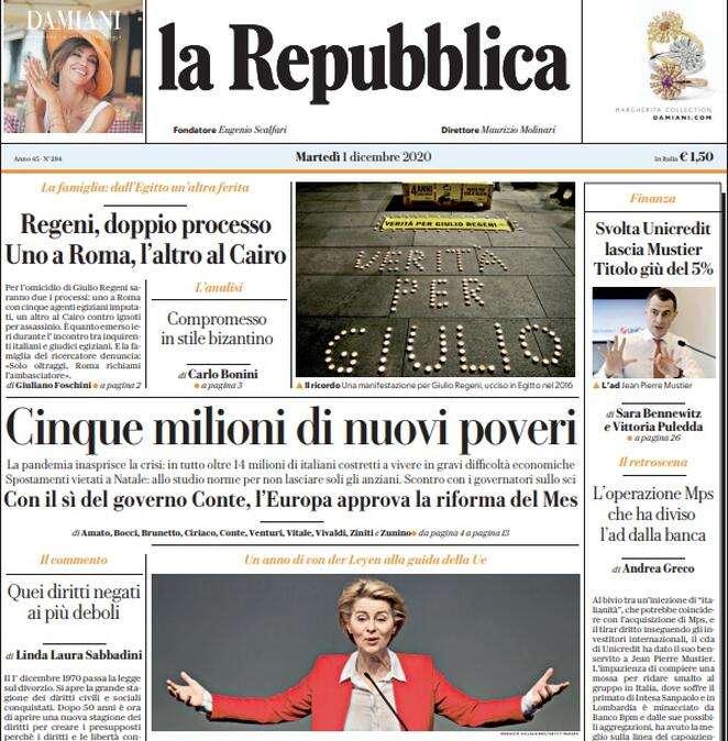 La Repubblica: "Cinque milioni di nuovi poveri"
