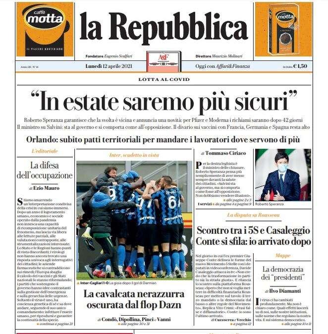 L'apertura de La Repubblica: "In estate saremo più sicuri"