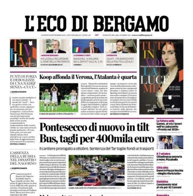 La Dea vince, L'Eco di Bergamo in apertura: "Koop affonda il Verona"