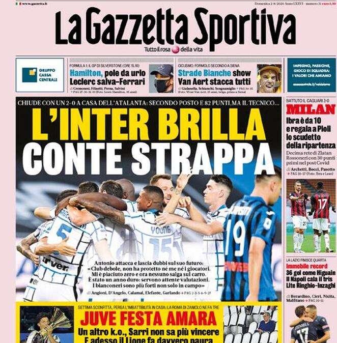 L'apertura de La Gazzetta dello Sport: "L'Inter brilla, Conte strappa"