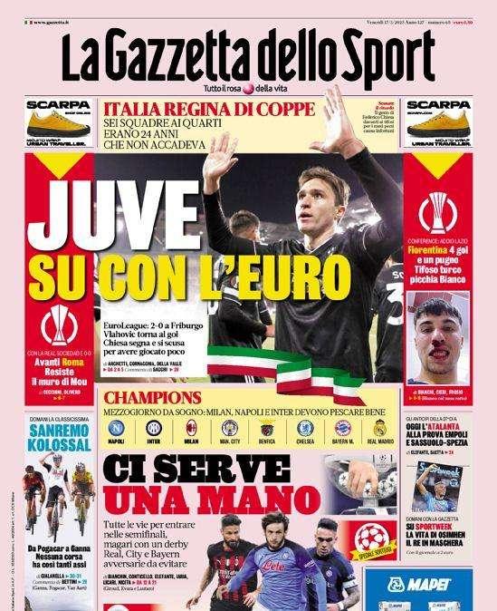 La prima pagina de La Gazzetta dello Sport sui bianconeri ok in Europa: "Juve su con l'Euro"