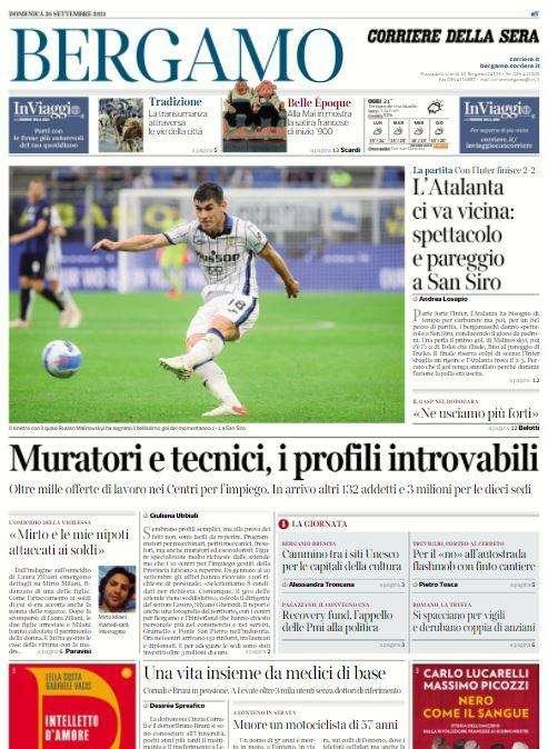 Corriere di Bergamo dopo il 2-2 con l'Inter: "L'Atalanta ci va vicina, spettacolo e pareggio"