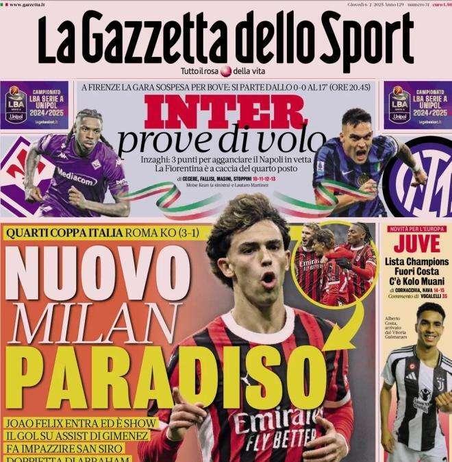 La Gazzetta dello Sport in prima pagina: "Nuovo Milan paradiso, Roma ko 3-1"