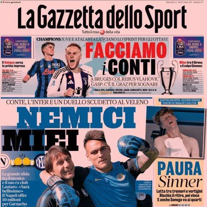 La Gazzetta dello Sport apre: "Conte e l'Inter, nemici miei. Facciamo i conti in Champions"