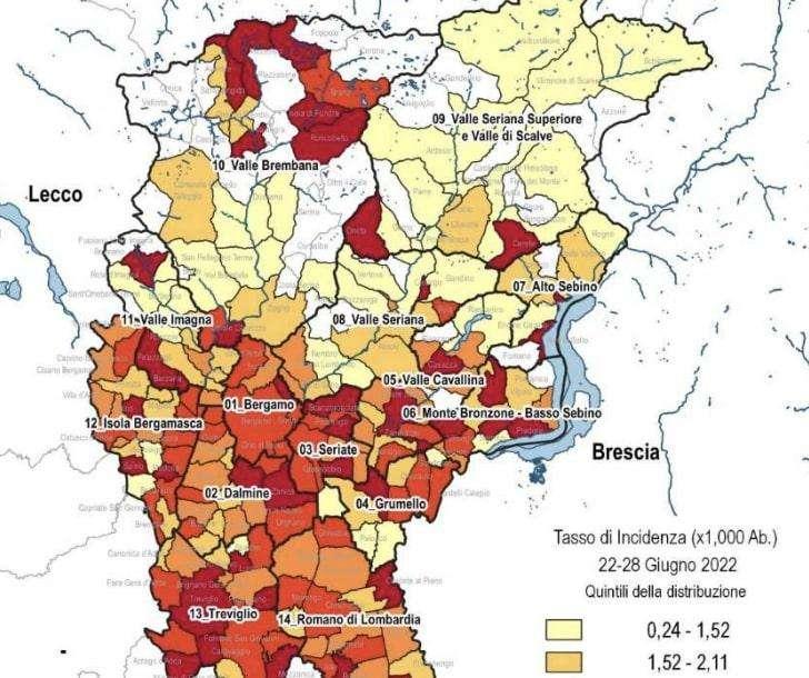 Covid, gli incrementi dei nuovi casi, comune per comune, negli ultimi 7gg nella Bergamasca. 39 Comuni con zero casi 