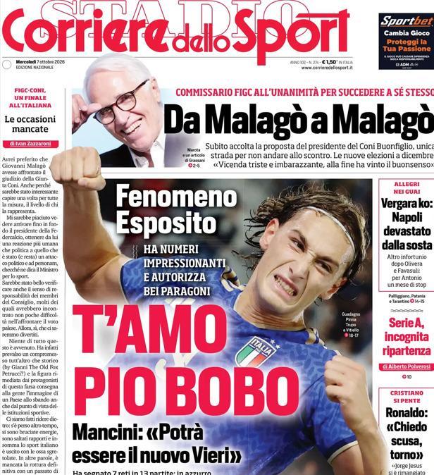 PRIMA PAGINA - Corriere dello Sport: "T'amo Pio Bobo"
